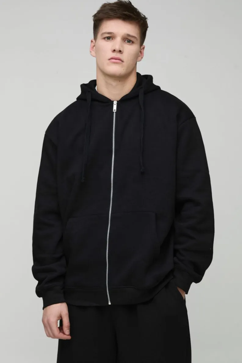 New boohooMAN 330GSM Tall Oversized Fit Zip Through Hoodie in black