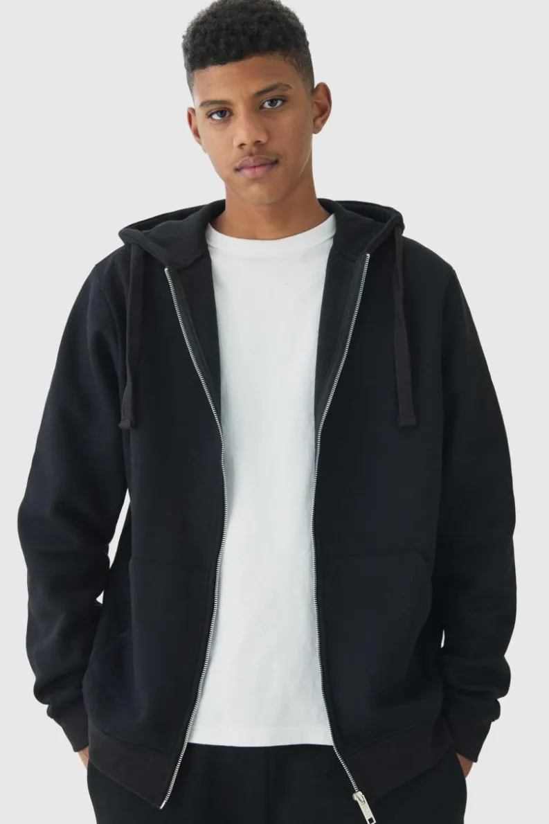 Store boohooMAN 330GSM Tall Regular Fit Zip Through Hoodie in black