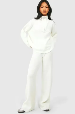 Best Sale boohoo Half Zip Funnel Neck And Wide Leg Trouser Knitted Tracksuit cream