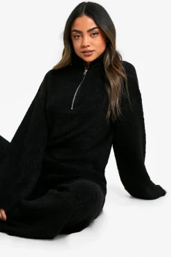 Flash Sale boohoo Half Zip Oversized Jumper And Wide Leg Trouser Borg Knit Co-ord black