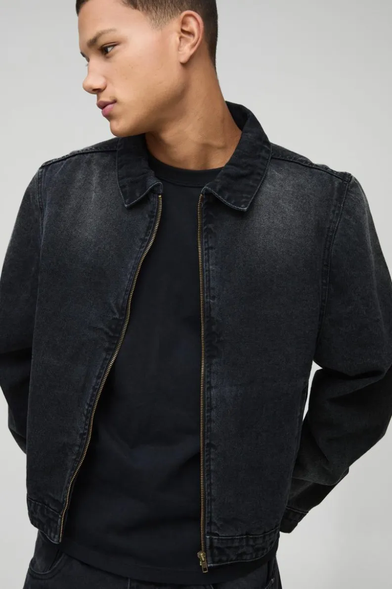 New boohooMAN Harrington Denim Jacket washed black