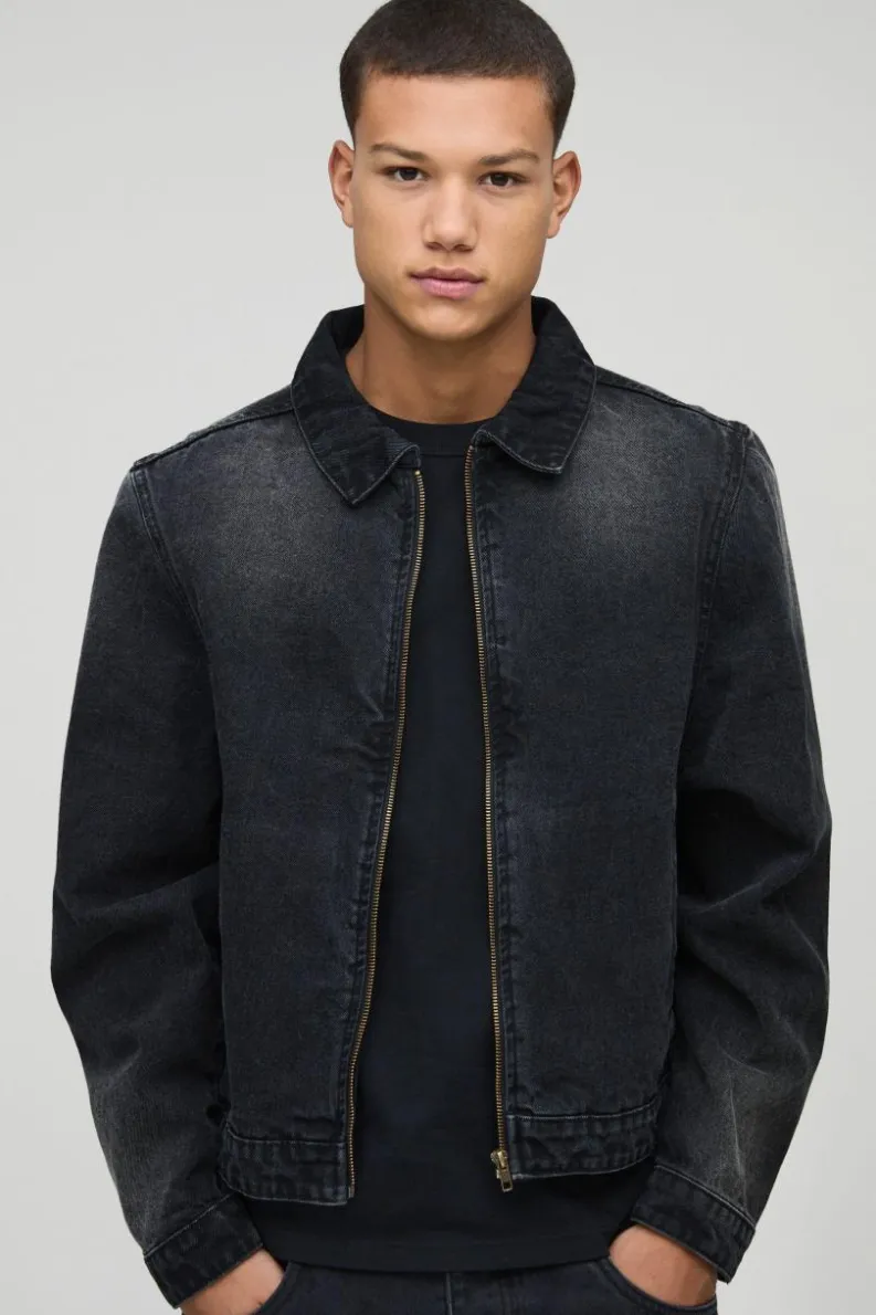 New boohooMAN Harrington Denim Jacket washed black