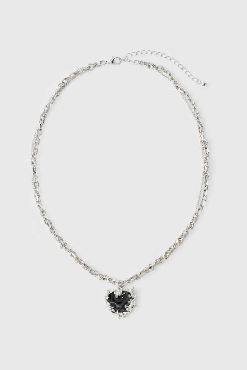 Fashion boohooMAN Heart Pendant Chunky Chain Necklace in silver