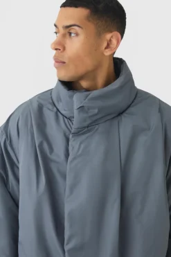 Fashion boohooMAN Heavy Padded Funnel Neck Coat In slate