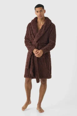 Discount boohooMAN Heavyweight Cable Knit Fleece Robe chocolate