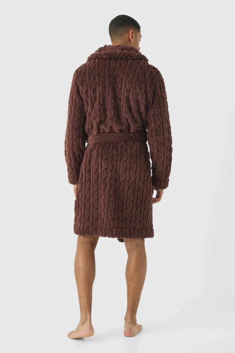 Discount boohooMAN Heavyweight Cable Knit Fleece Robe chocolate