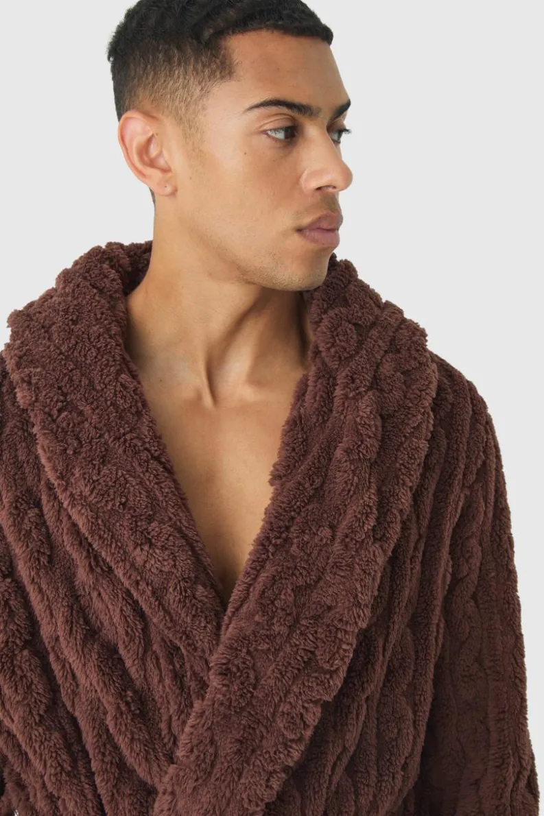 Discount boohooMAN Heavyweight Cable Knit Fleece Robe chocolate