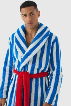 Shop boohooMAN Heavyweight Contrast Stripe Fleece Robe multi