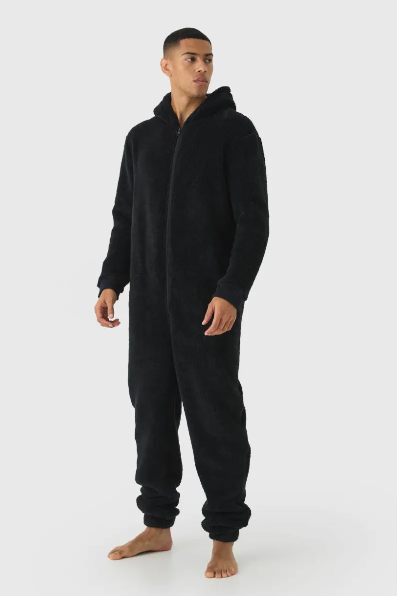Best boohooMAN Heavyweight Cuffed Hooded Fleece Onesie black
