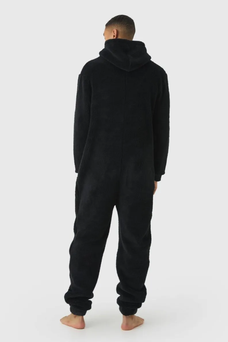 Best boohooMAN Heavyweight Cuffed Hooded Fleece Onesie black