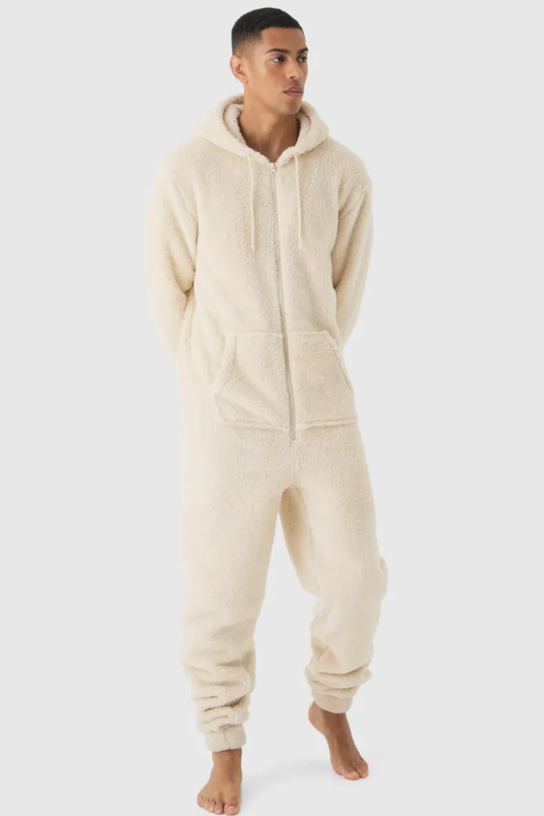 Cheap boohooMAN Heavyweight Hooded Fleece Onesie stone