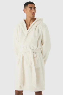 Clearance boohooMAN Heavyweight Hooded Fleece Robe beige