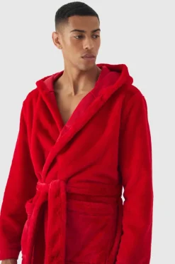 Outlet boohooMAN Heavyweight Hooded Fleece Robe red