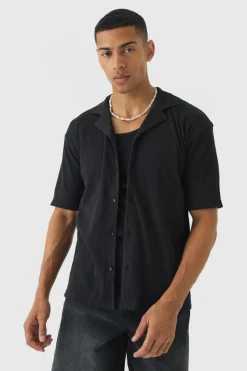 Store boohooMAN Heavyweight Oversized Revere Ribbed Jersey Shirt black