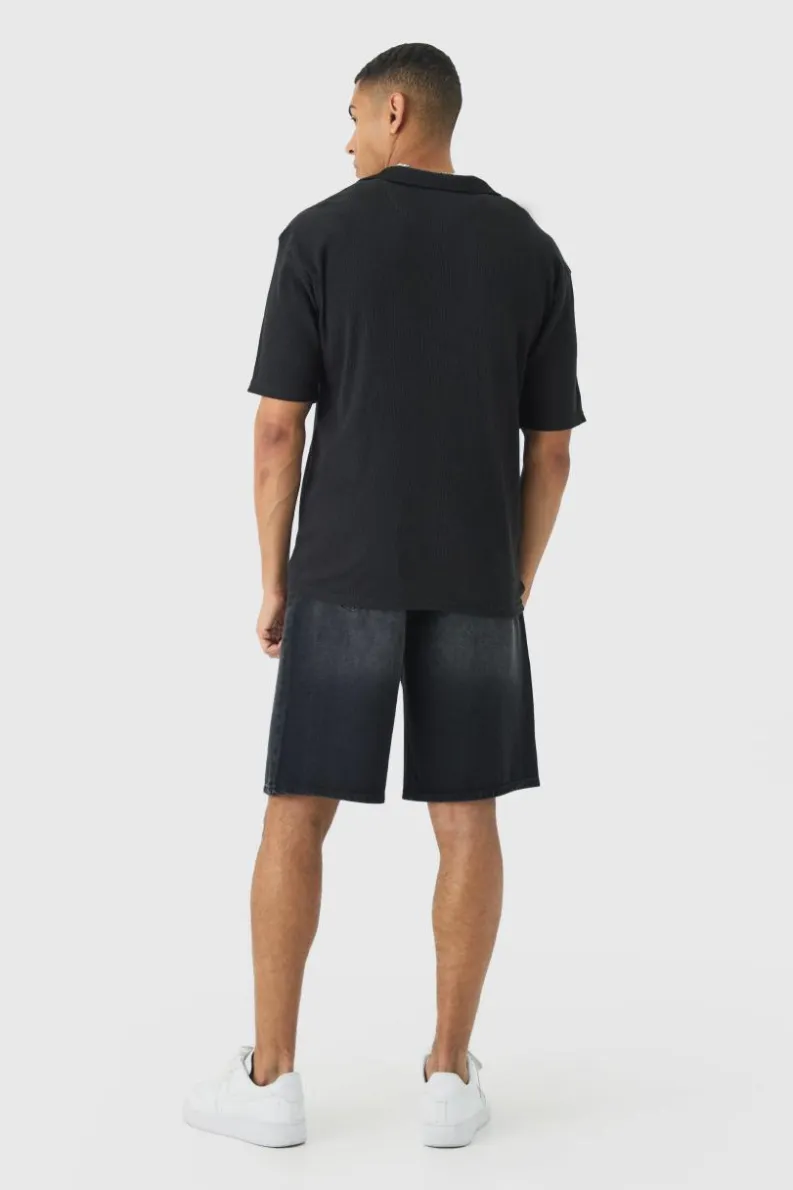 Store boohooMAN Heavyweight Oversized Revere Ribbed Jersey Shirt black