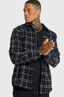 New boohooMAN Heavyweight Textured Check Overshirt black