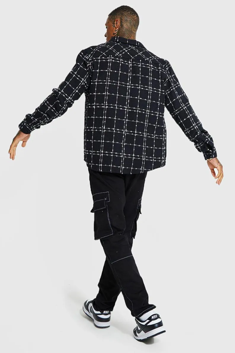 New boohooMAN Heavyweight Textured Check Overshirt black