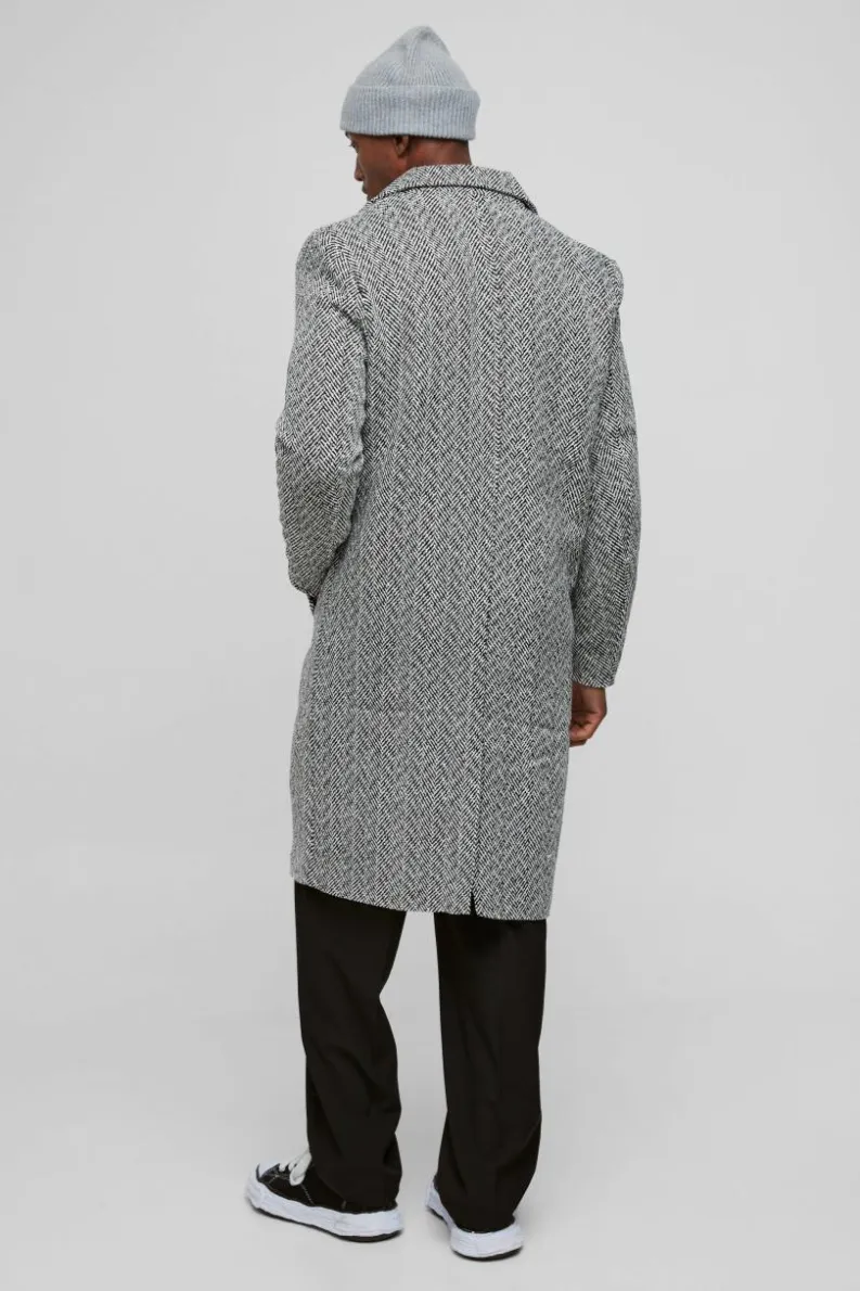 Best boohooMAN Herringbone Single Breasted Overcoat In black