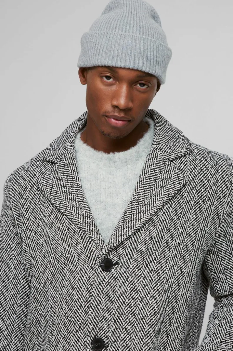 Best boohooMAN Herringbone Single Breasted Overcoat In black