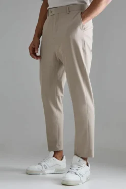 Sale boohooMAN High Rise 4 Way Stretch Tapered Trousers taupe