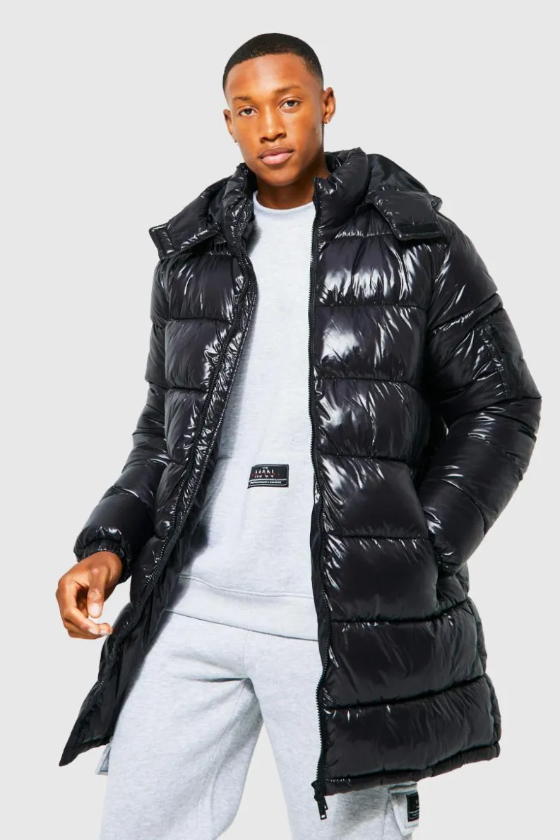 Clearance boohooMAN High Shine Hooded Longline Parka black