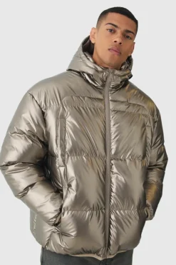 Cheap boohooMAN High Shine Hooded Quilted Puffer In brown