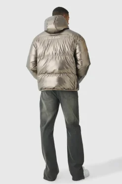 Cheap boohooMAN High Shine Hooded Quilted Puffer In brown
