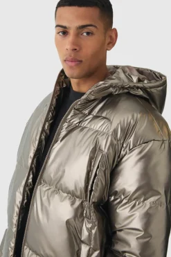 Cheap boohooMAN High Shine Hooded Quilted Puffer In brown