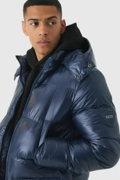 Cheap boohooMAN High Shine & Nylon Mid Length Puffer navy