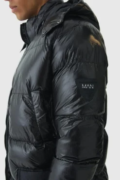 Cheap boohooMAN High Shine & Nylon Mid Length Puffer black