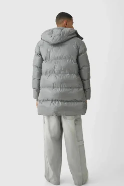 Discount boohooMAN High Shine & Nylon Mid Length Puffer light grey