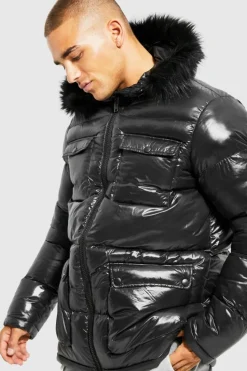 Cheap boohooMAN High Shine 4 Pocket Fur Trim Hood Parka black