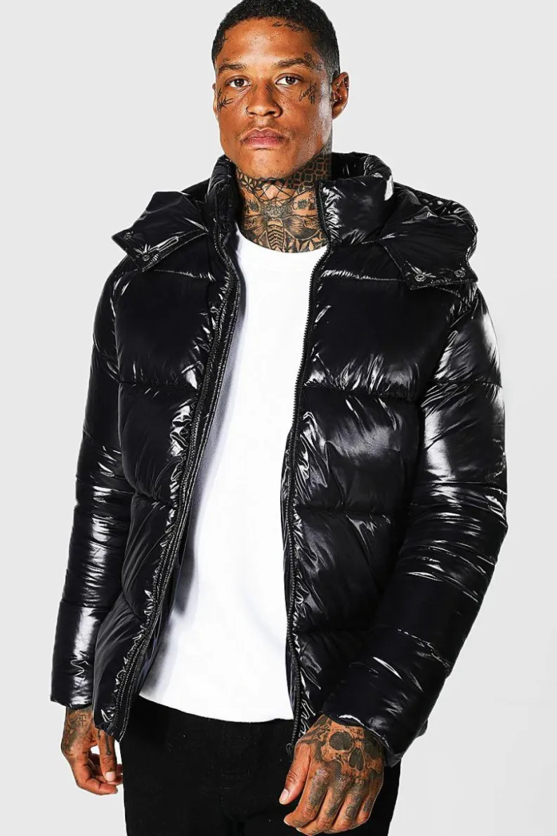 Hot boohooMAN High Shine Puffer Jacket in black
