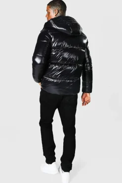 Hot boohooMAN High Shine Puffer Jacket in black