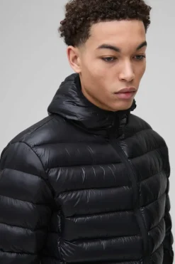 Best boohooMAN High Shine Quilted Hooded Jacket In black