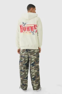 Cheap boohooMAN Homme Dove Printed Zip Through Hoodie ecru