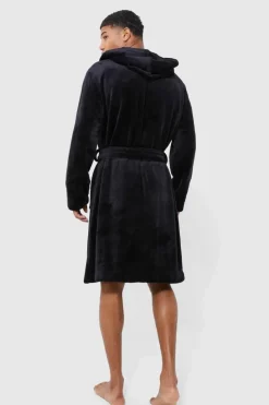 Shop boohooMAN Hooded Dressing Gown black