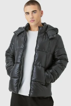 Shop boohooMAN Hooded High Shine Puffer Jacket in black