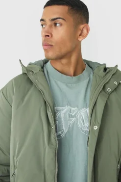 Clearance boohooMAN Hooded Padded Mid Length Parka In khaki