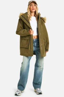 Fashion boohoo Hooded Pocket Detail Parka khaki