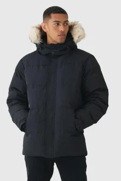 Hot boohooMAN Hooded Puffer With Removeable Faux Fur Trim In black