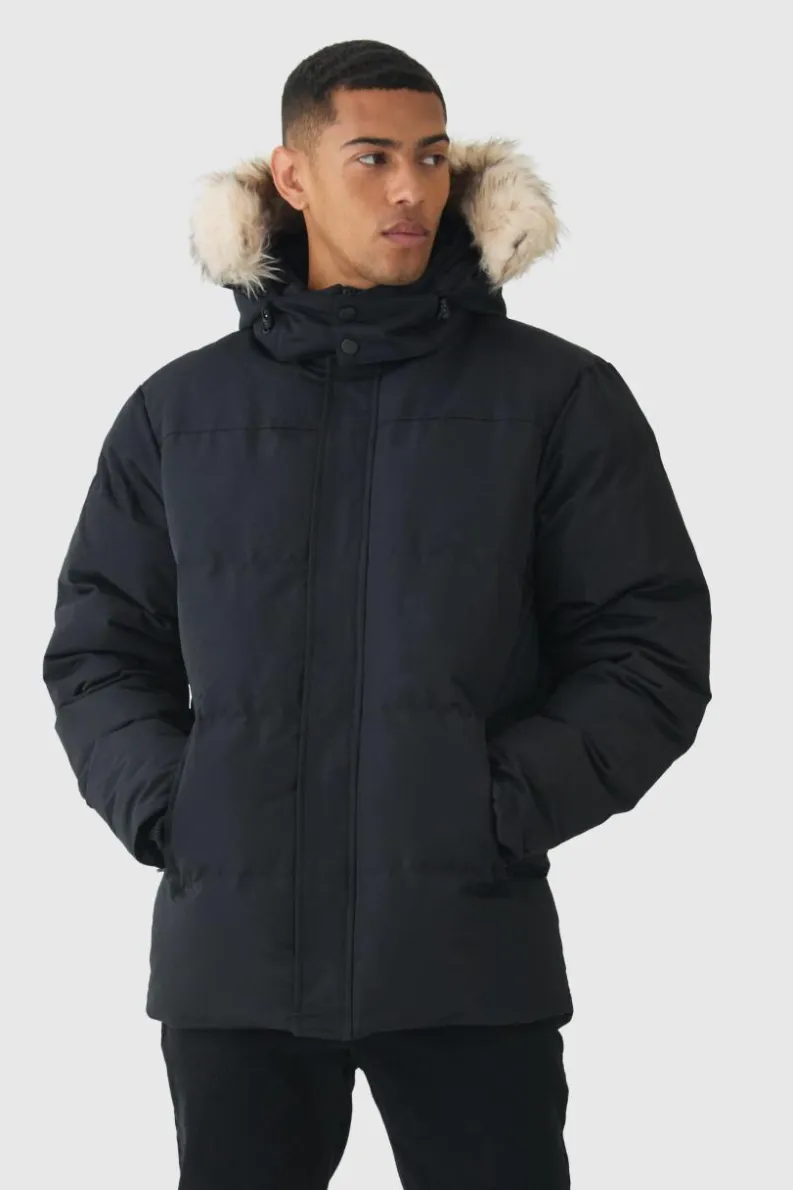 Hot boohooMAN Hooded Puffer With Removeable Faux Fur Trim In black