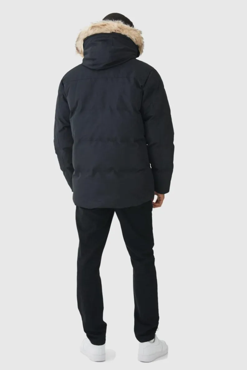 Hot boohooMAN Hooded Puffer With Removeable Faux Fur Trim In black