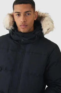 Hot boohooMAN Hooded Puffer With Removeable Faux Fur Trim In black