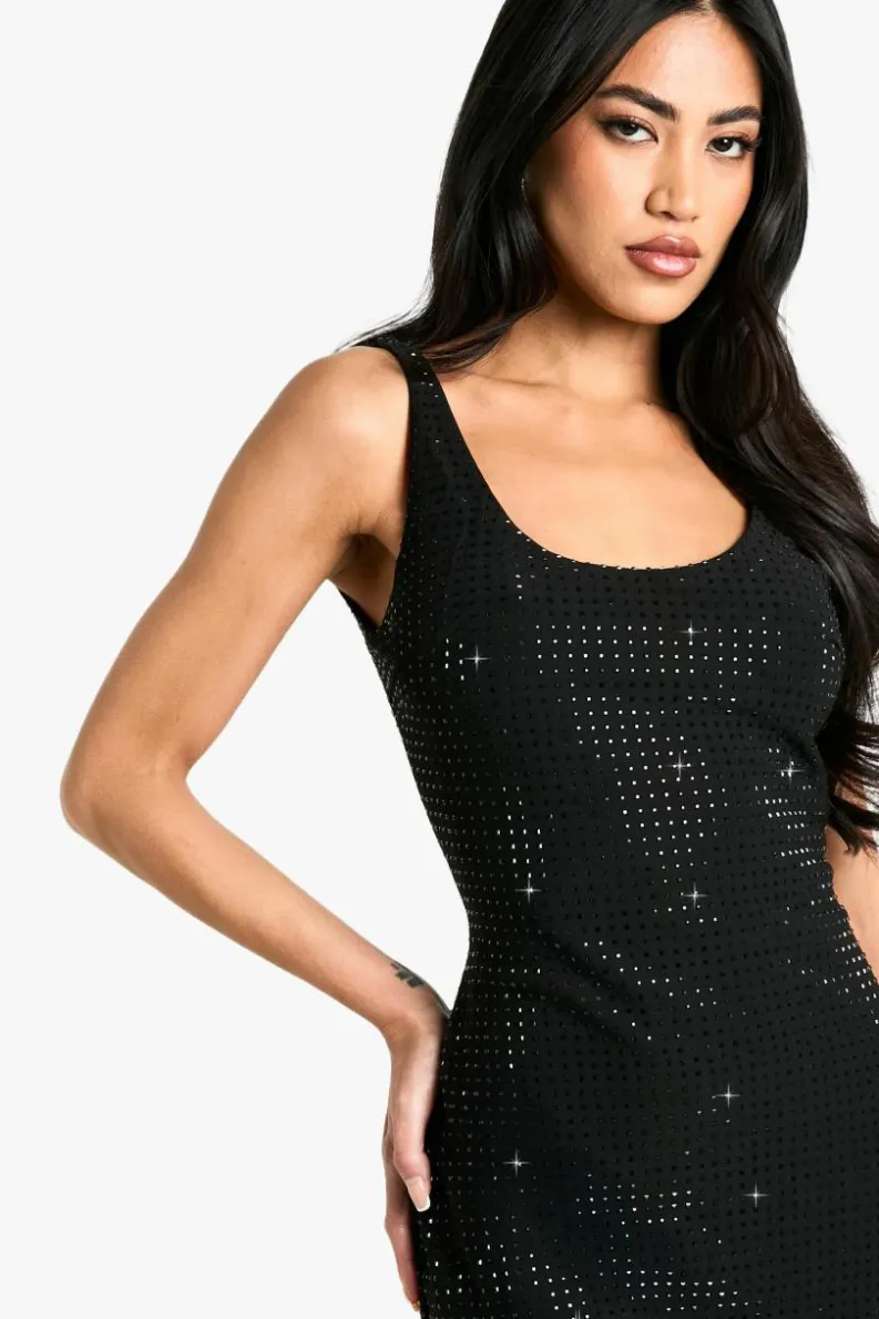 Shop boohoo Hotfix Diamante Scoop Neck Mini Dress black