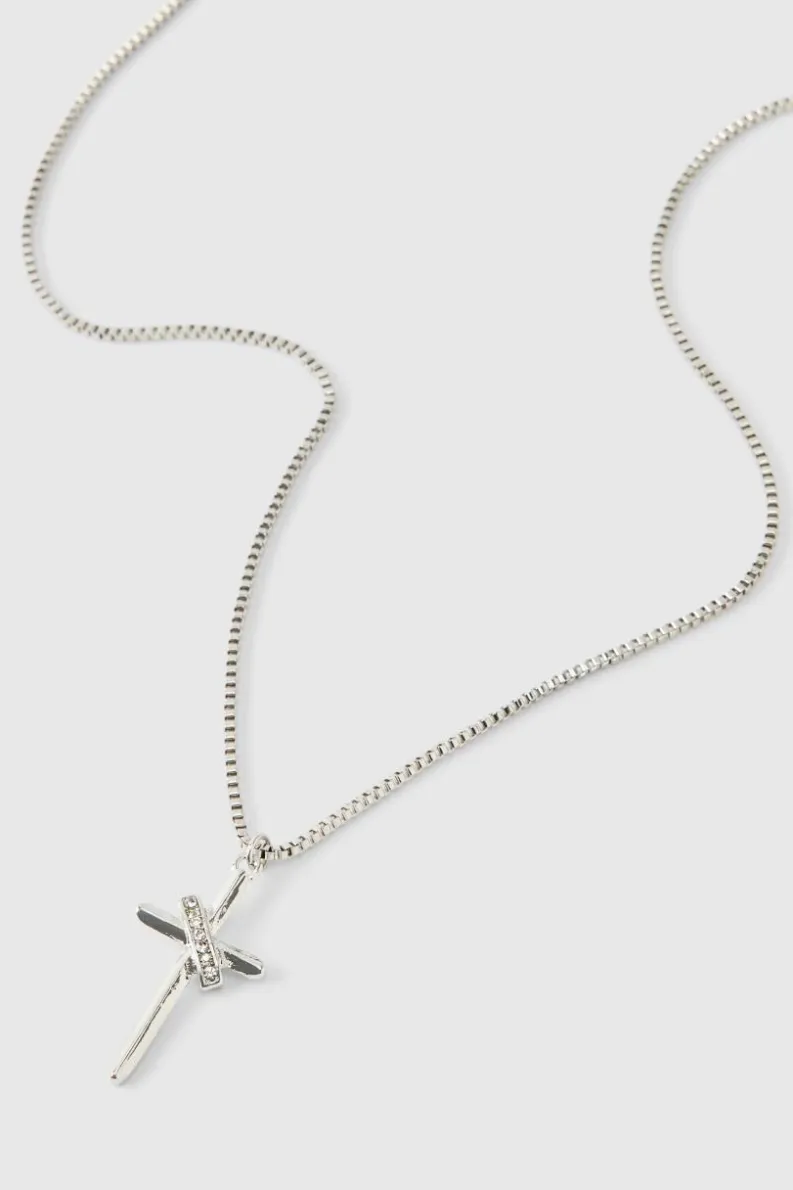Cheap boohooMAN Iced Cross Necklace In silver
