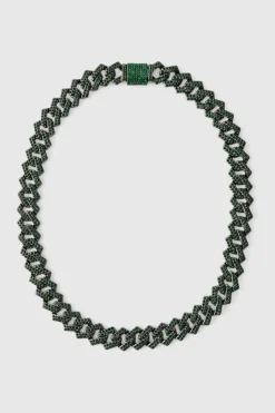 Store boohooMAN Iced Cuban Necklace In Green silver