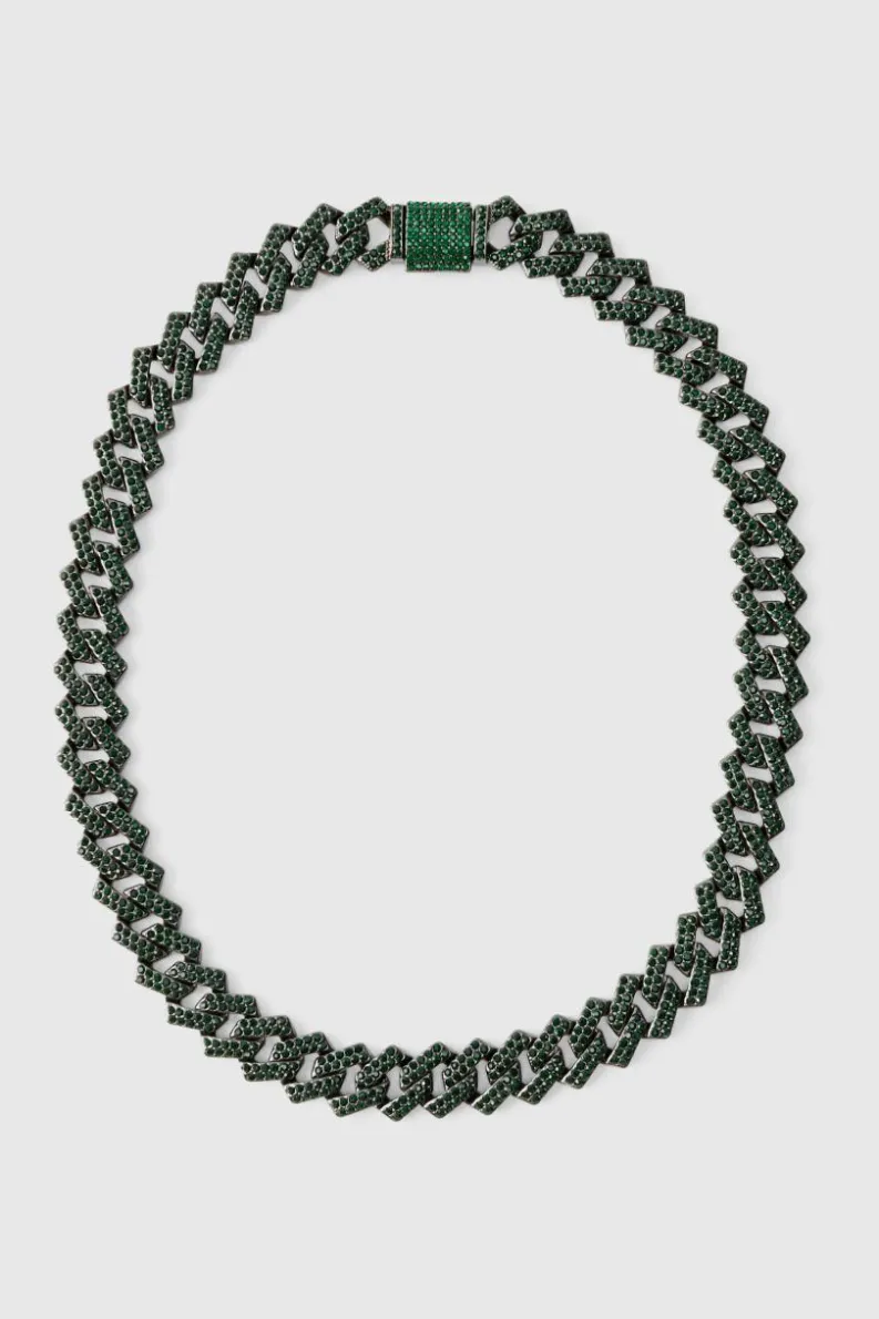 Store boohooMAN Iced Cuban Necklace In Green silver