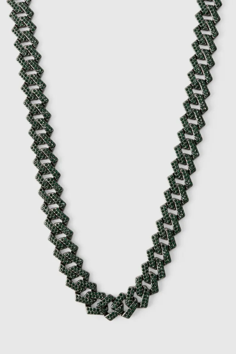Store boohooMAN Iced Cuban Necklace In Green silver