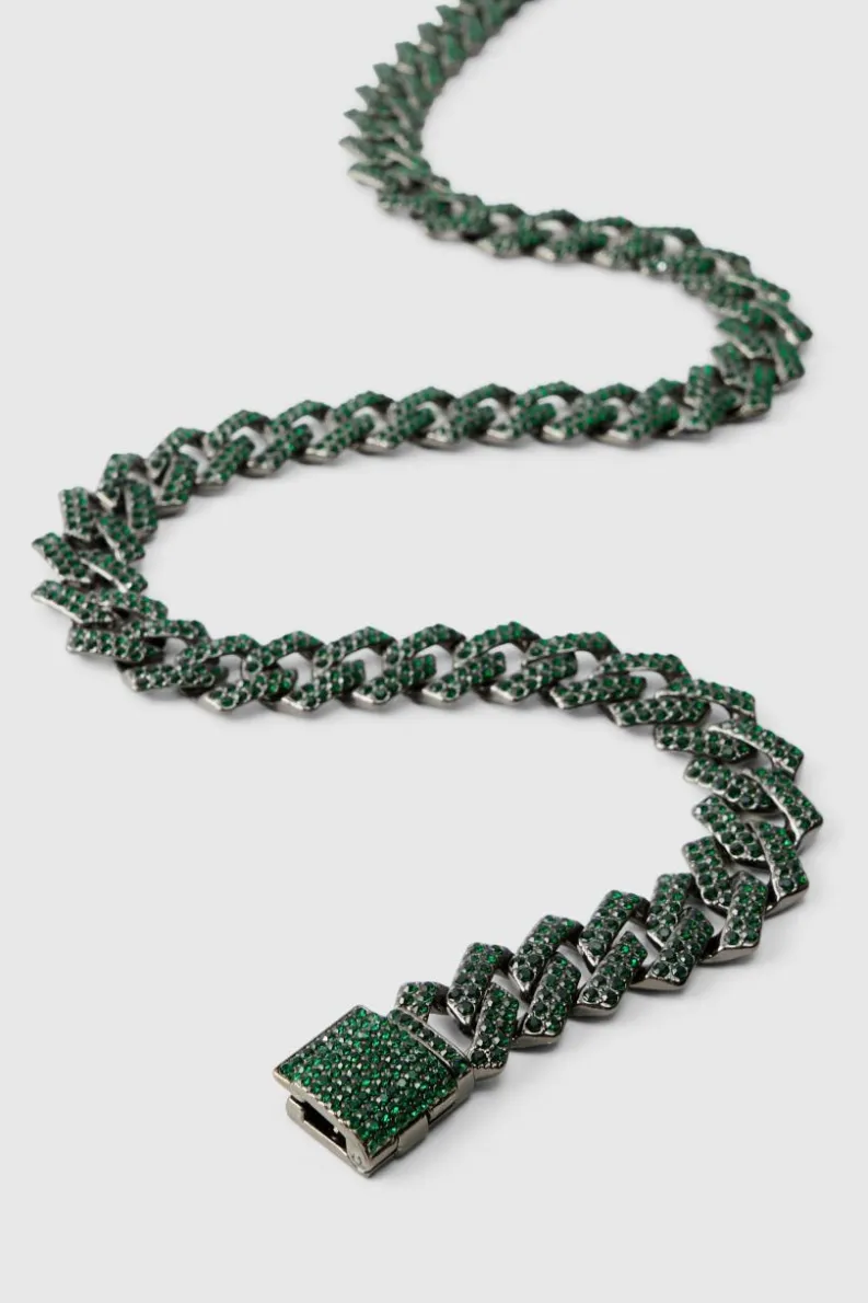 Store boohooMAN Iced Cuban Necklace In Green silver